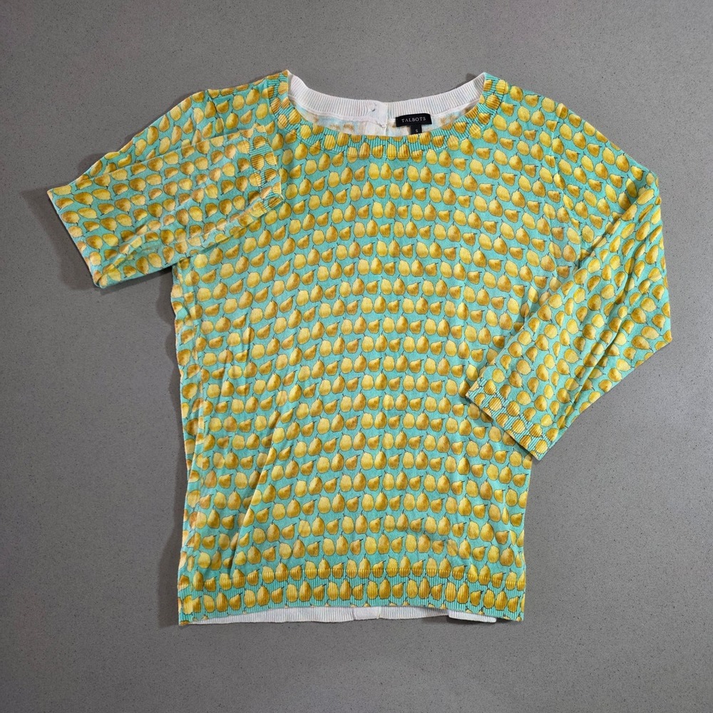 Talbots Womens Small Aqua Blue Yellow Pear Print 3/4 Sleeve Knit Top Sweater